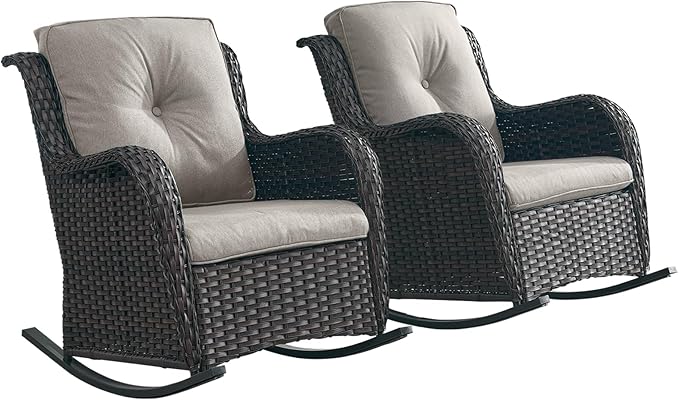 Rilyson Patio Chairs Outdoor Rocking Chair - 2 Piece Wicker Rattan Rocker Chairs Set with High Back and Deep Seating for Porch Deck Garden Backyard(Brown/Grey)