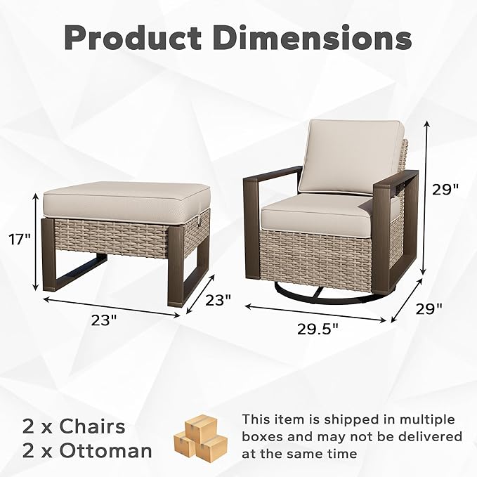 Joyside Outdoor Patio Swivel Rocker Chairs, 4 Pieces Wicker Furniture Set, 2 Swivel Rocking Chairs and 2 Ottoman, Metal Wide Armrest, Thick Cushions and Deep Seating for Garden, Backyard, Porch, Deck