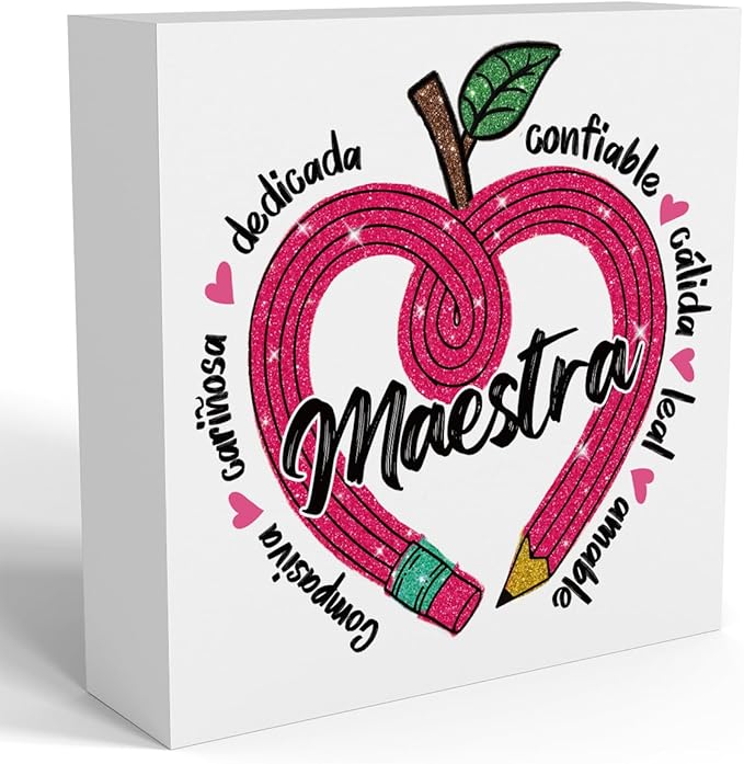 Teacher Valentine Decor Gift, Spanish Teacher Appreciation Gifts, Vintage Valentines Day Gifts for Teachers, Graduation Birthday Gift, Heart Pencil Wooden Box Sign for Office Desk Decor