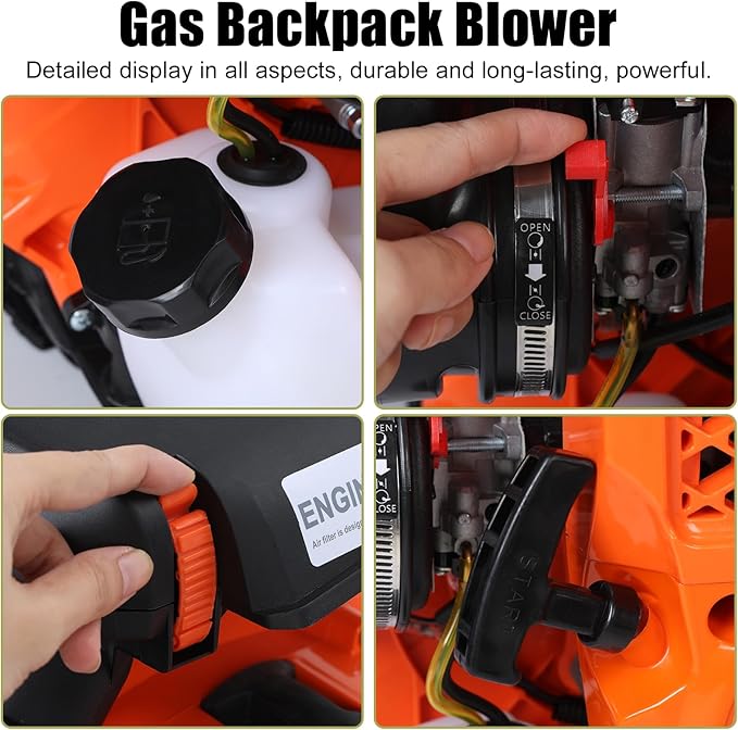 80CC Backpack Leaf Blower Gas Powered - 900 CFM | 4.3 HP | 206 MPH High Airflow Heavy Duty Commercial Gas Leaf Blower for Yard Lawn Care, Clears Leaves, Debris & Snow, EB850EZ