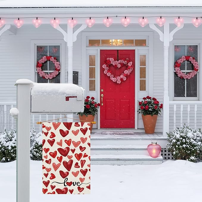 Valentine’s Day Watercolor Red Love Hearts Garden Flag Yard Flag 12x18 Inch Double Sided Small Mini Yard Outdoor Outside Holiday Decoration