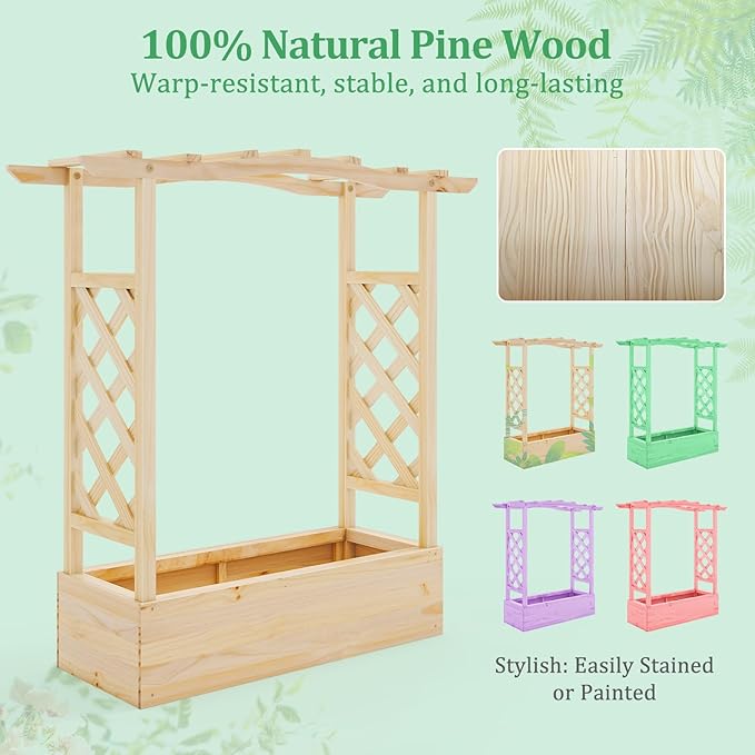 HAPPYGRILL Raised Garden Bed with Trellis, 2 Wood Planter Box w/Hanging Roof, Drainage System, Elevated Garden Box for Climbing Vine, Outdoor Planter w/Trellis for Patio Balcony, 44" x 14" x 45"