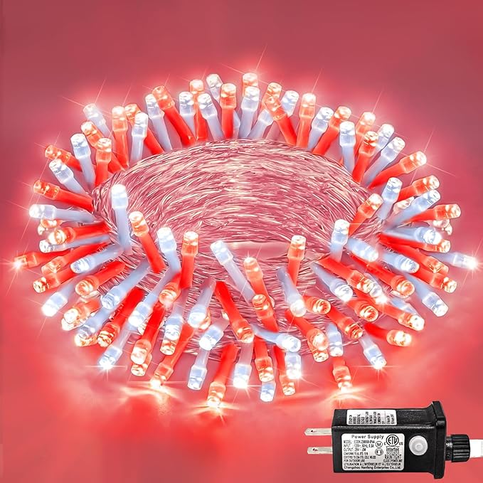 120 LED Red and White Christmas Lights Outdoor, 40ft Christmas String Lights 8 Modes Red White Fairy Lights for Bedroom Decorations