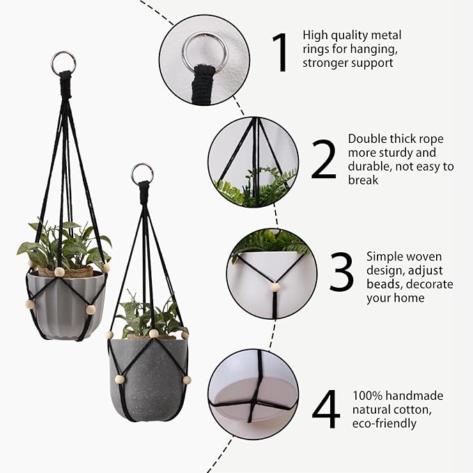 Artilady Black Hanging Planter for Indoor Plants Macrame Plant Hanger Large Hanging Plant Holder Basket with Adjustable Beads Outdoor Window Boho Plant Wall Decor (Black Bead)