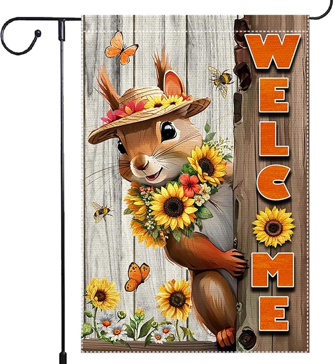 Welcome Spring Summer Garden Flag 12x18 inch Vertical Double-Side Small Burlap sunflower Squirrel Garden Flags Yard Porch Outdoor Patio Lawn Decor Flags Decorations