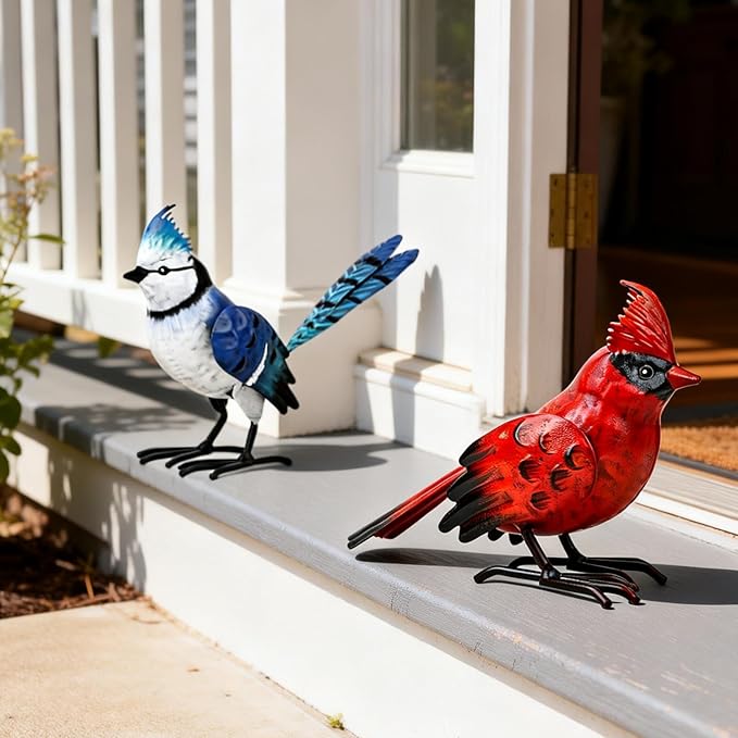 Shorayn Cardinal Decor Garden Statues Metal Bird Yard Art Sculptures,Standing Blue Jay Figurine Outdoor Decoration for Lawn Ornament,Christmas Housewarming Birthday Gifts for Women