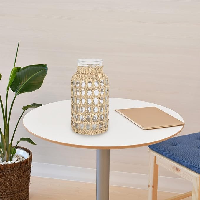 Cabilock Small Clear Flower Vase with Rattan Woven Cover Flower Bud Container for Farmhouse Floral Arrangements Housewarming Party Decorations (3.2x3.2x6.2 inch)