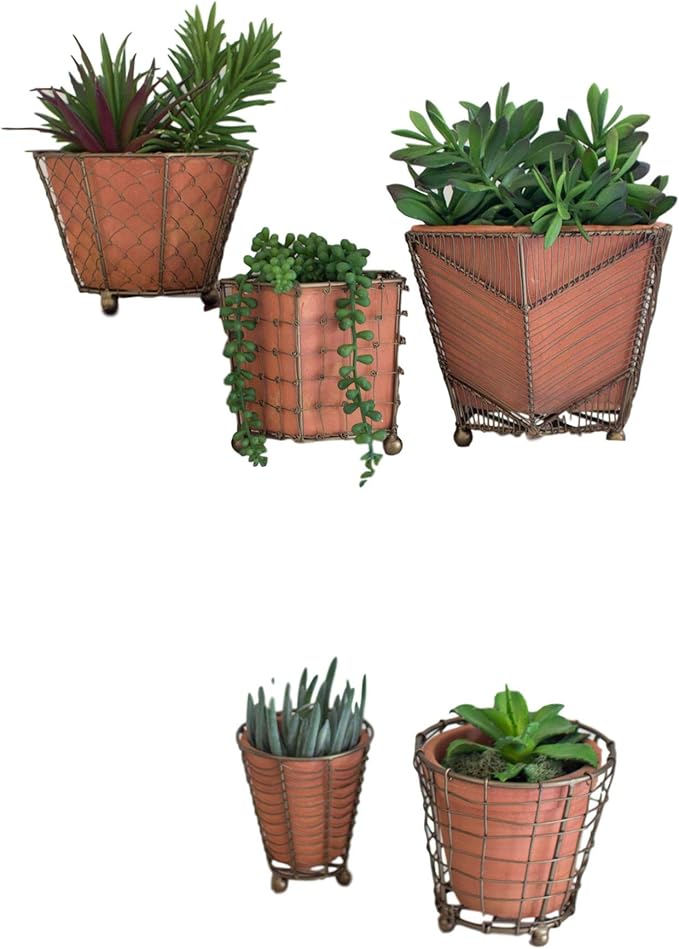 MY SWANKY HOME Rustic Terra Cotta Set Five Assorted Flower Planters Wire Wrap Brass Detail Pots