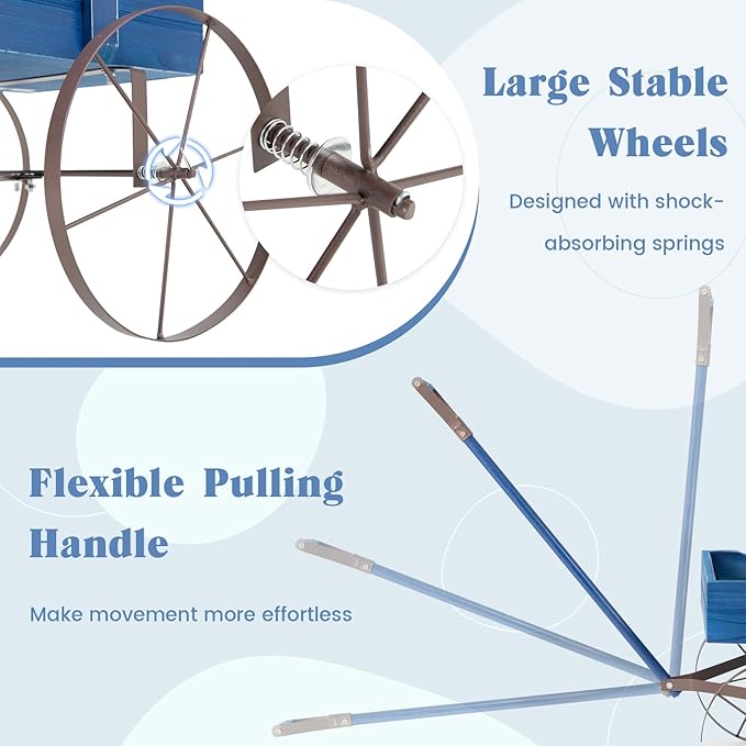 Giantex Decorative Garden Planter, Small Wagon Cart with Metal Wheels, Wood Raised Beds Plant Pot Stand for Backyard Garden Patio 24.5”Lx13.5”Wx24”H (Blue)