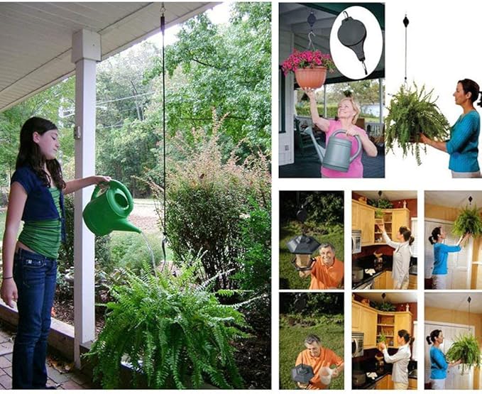 Lythor Pack Plant Hook Pulley, Retractable Plant Hanger Easy Reach Hanging Flower Basket for Garden Baskets Pots and Birds Feeder Hang High up and Pull Down to Water Or Feed (Black 2Pack)