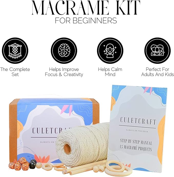 Macrame Kit for Beginners 153pc, 15 Projects Book, 164yd Cotton Macrame Cord, Wooden Beads & Sticks, Wooden & Metal Rings, Gift Box, Book & Accessories, Perfect Macrame Starter Kit