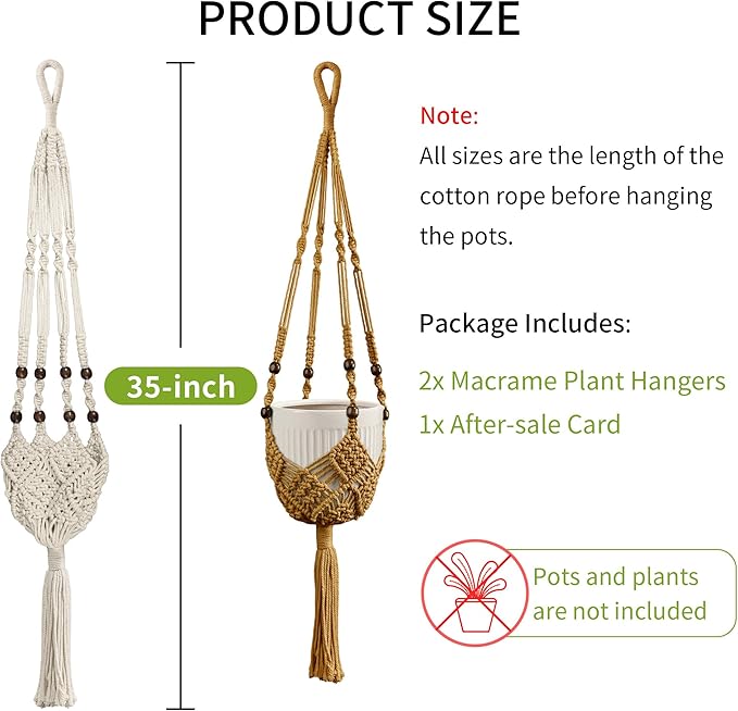 IDEEEPAN Macrame Plant Hanger - Fits 3 to 6 inches Pots for Indoor Outdoor, 35 Inch, Set of 2, Ivory (POTS NOT Included)