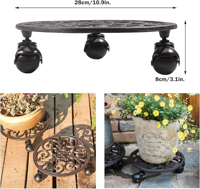 Sungmor Heavy Duty Cast Iron Plant Caddy, Set of 2 & 11 Inch Round Potted Plant Stand Flower Pot Rack on 3 Solid Wheels, Indoor Outdoor Planter Holder Trolley Casters Rolling Tray