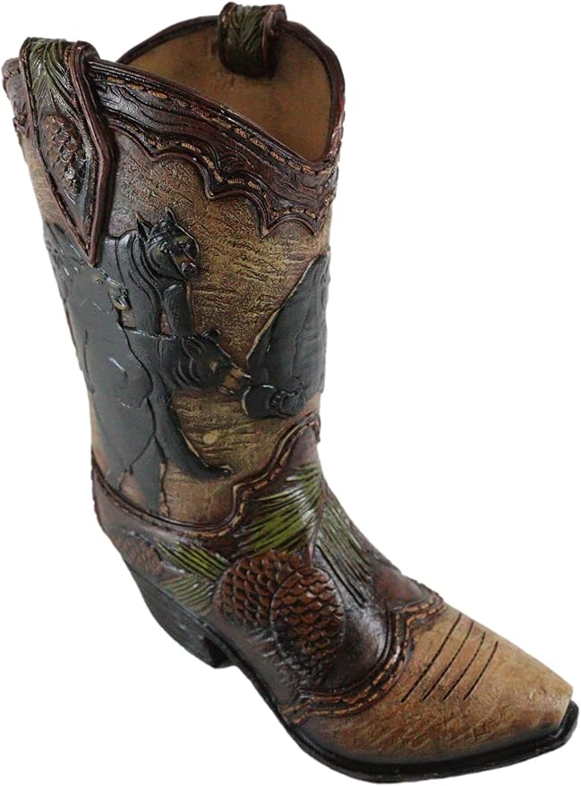 Ebros Gift Rustic Western Black Bear Family with Pine Cones Forest Cowboy Cowgirl Boot Decorative Figurine Or Floral Vase Planter Tooled Leather Finish Table Shelf Countertop Accent