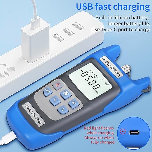Rechargeable Fiber Optic Light Source A-C1315 Fiber Optic Cable Tester Single-Mode Dual wavelength 1310/1550nm Fiber Optic Power Meter Suitable for SC/FC/ST/LC Interface Equipped with 1 FC-LC Adapter