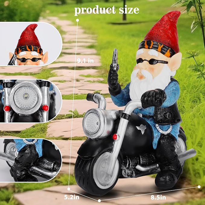 Garden Gnome Riding Motorcycle with Solar Light, Funny Outdoor Gnome Decoration Indoor Outdoor Lawn Figurines for Home Yard Décor, Medium