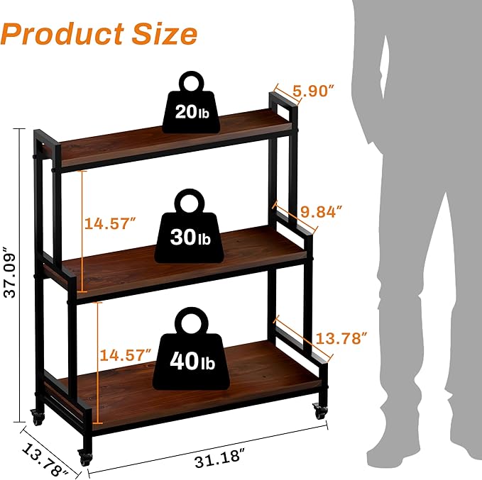 YCCO Plant Stand Indoor with Wheels 37” H, Rolling Plant Shelf Rack Outdoor,Metal Plant Stand with Solid Wood for Multiple Plants,Industrial Ladder Plant Flower Shelf for Garden,Living Room,Walnut