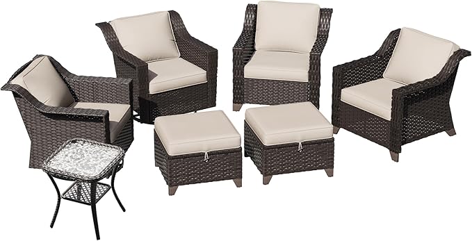 7 Pieces Patio Conversation Furniture Set - 2 Armchairs, 2 Ottomans, 2 Swivel Chairs, 1 Side Table, Outdoor Wicker Furniture with Removable Cushions for Porch, Balcony, Sunroom (Beige)