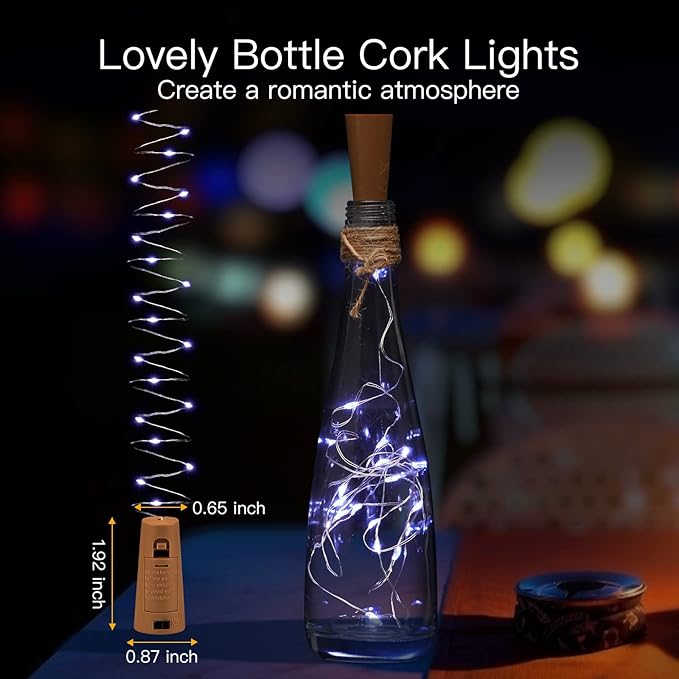 Brightown Wine Bottle Lights with Cork, 10 Pack 20 LED Waterproof Battery Operated Cork Lights, Silver Wire Mini Fairy Lights for Liquor Bottles DIY Party Christmas Wedding Décor, Pure White