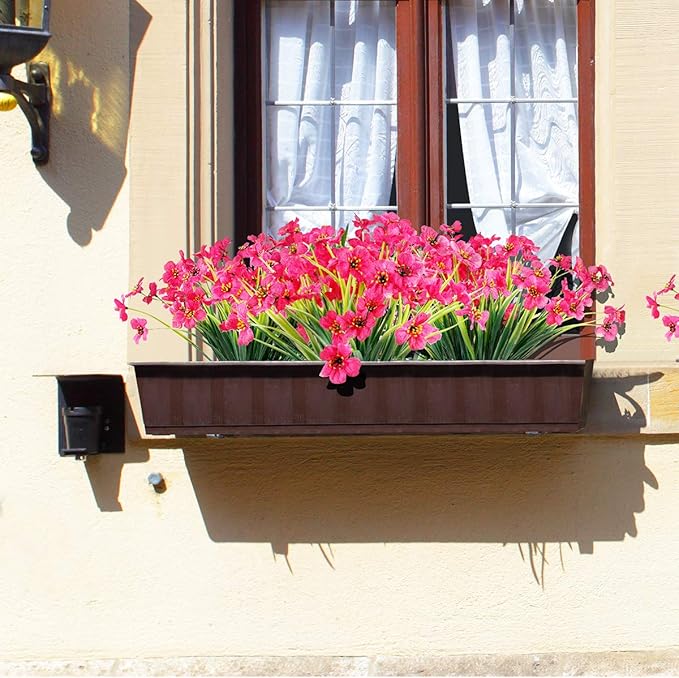 JEMONG 20 Bundles Artificial Flowers Outdoor UV Resistant Fake Flowers No Fade Faux Plastic Plants Garden Porch Window Box Decorating(Rose Red)…