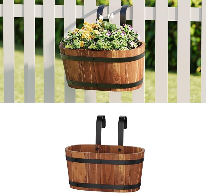 Wooden Hanging Planter for Railing Fence Outdoor Planter Railing Planter Boxes for Plants Wall Planters Window Flower Box Hanging Bucket Pots Countryside Plant Holder (Brown,1pcs,Small)
