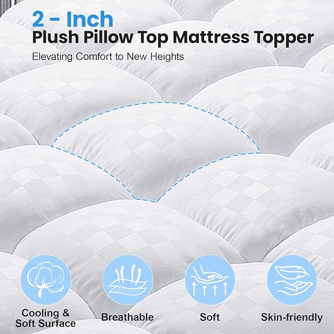 Queen Size Dual Layer 4 Inch Memory Foam Mattress Topper, 2 Inch Gel Memory Foam and 2 Inch Pillow Top Mattress Pad Cover, Thick Soft Bed Topper Medium Support for Back Pain, White