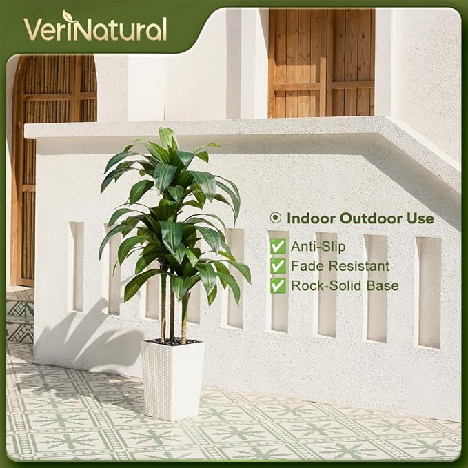 VeriNatural Artificial Dracaena Tree 5FT - Fake Tree with White Taper Planter & Pebbles - UV Resistant Faux Yucca Tropical Plant - Artificial Trees for Home Office Living Room Decor Indoor Outdoor