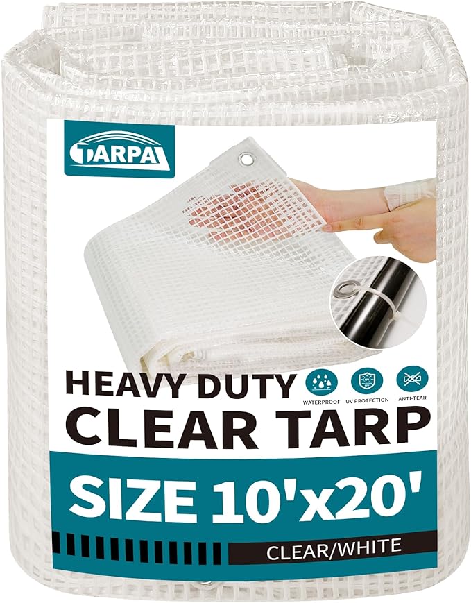 TARPAL 10'x20' Clear White Tarp Heavy Duty Waterproof 12mil with Grommets or Zip Ties for Large Greenhouses for Outdoors Garden,Farm,Chicken Coops