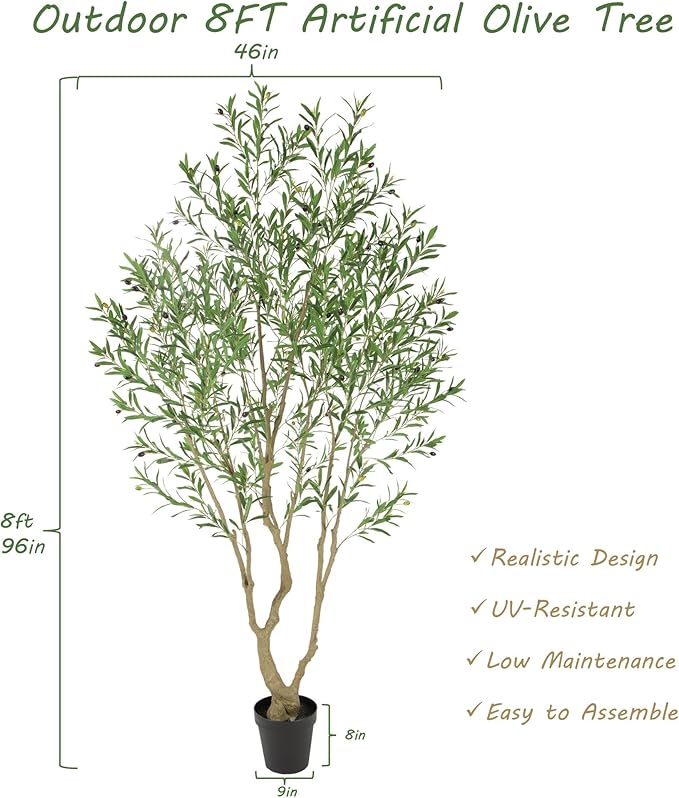 8ft UV Resistant Tall Realistic Artificial Olive Tree, Faux Olive Tree Outdoor with Lifelike Leaves and Fritus, Fake Olive Tree for Home Office Living Room Patio Decor.