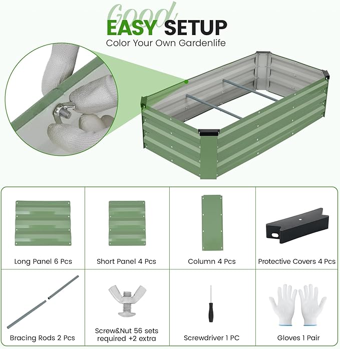 G GOOD GAIN 4x2x1ft Galvanized Raised Garden Bed, Heavy-Duty Metal Planter Boxes Outdoor for Vegetables Flowers Herbs, Olive Green(2 Pack)
