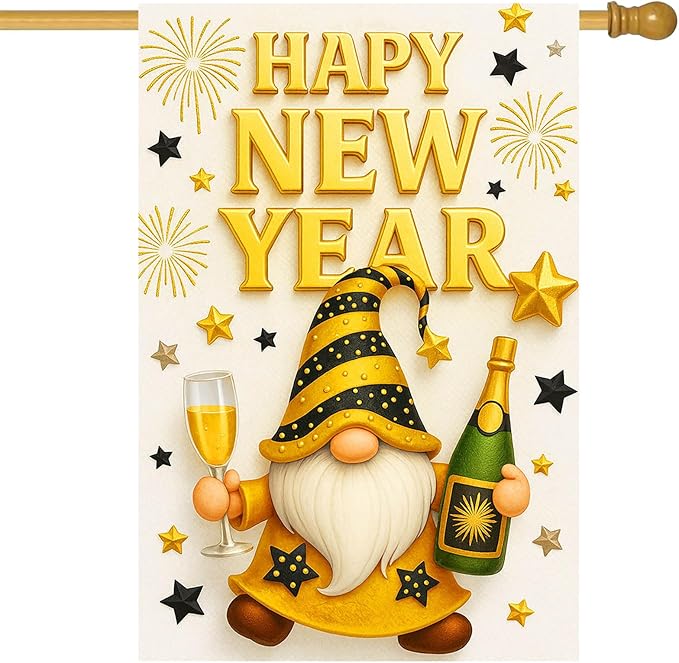 Happy New Year House Flag 28x40 Inch Double Sided Garden Flag Gold Gnome Champagne and Star Design Winter Holiday Yard Banner Large Outdoor Polyester Flag for Porch Lawn Home Decoration