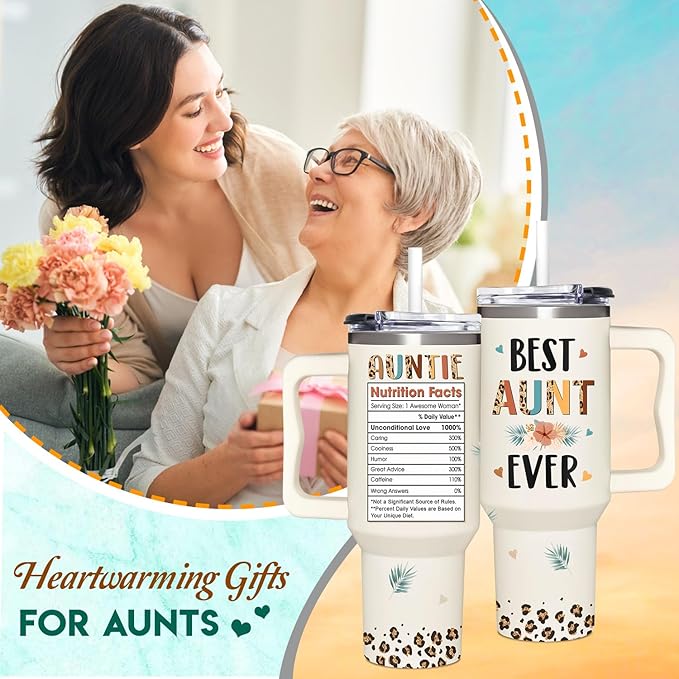 AT2Z GLOBAL Mothers Day, Christmas, Birthday, Gift for Auntie, Aunts - Gifts for Aunt, Auntie - Aunt Gifts from Niece, Nephew - Gift for New Aunts - 40oz Tumbler With Handle & Straw