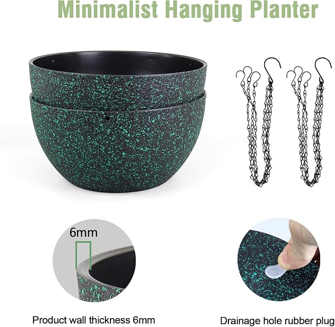 Meowell 12 inch Large Hanging Planters for Indoor Outdoor Plants, 2 Pack Hanging Flower Pots with Drainage Holes and Chain, Plastic Hanging Baskets for House Plants, Black with Green Speckles