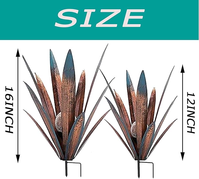 Muciwa 2 PCS Metal Agave Sculpture Decoration, Vintage Country Hand-Painted Sculpture DIY Metal Agave Plant, Home Garden Courtyard Lawn Outdoor Decoration (2PCS-LED)