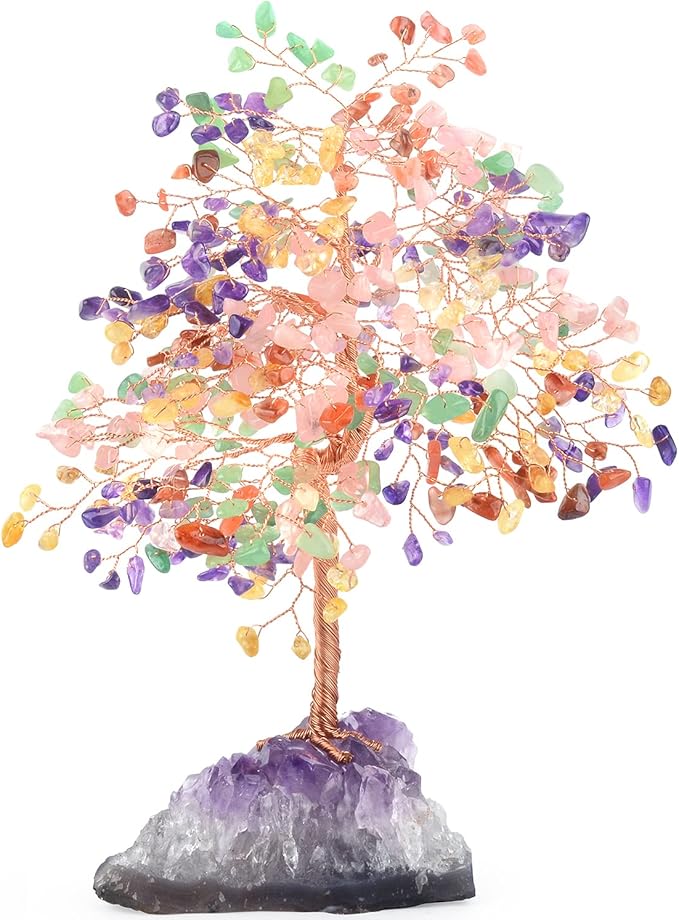 MASGEMES Chakra Tree of Life Natural Gemstone Crystal Tree,Healing Stones(406 Stone Count) with Amethyst Cluster,Fengshui Decor Bonsai Money Tree,Positive Energy Good Luck Gift Size 8.5"-9"