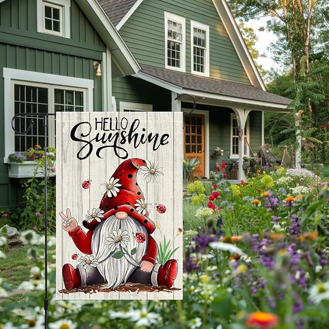 Welcome Sunshine Garden Flag Summer Gnome Garden Flags 12x18 Inch Double Sided Burlap Colorful Floral Small Decor Home Yard Lawn Holiday Outdoor Flags Decorations