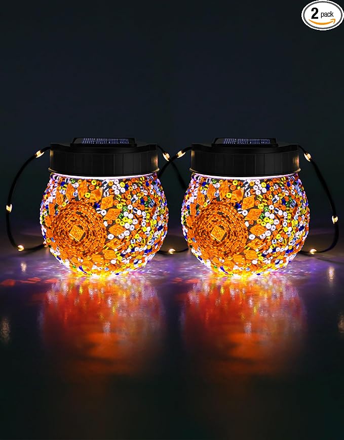 Mosaic Solar Lights Outdoor 2 Pack, Solar Hanging Lanterns Christmas Halloween Gifts for Women Mom Grandma, Waterproof Glass Globe Lights, Garden Patio Decor for Yard, Tree, Balcony, Warm