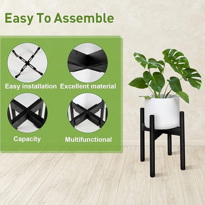 BESHOF 2 Pack Bamboo Plant Stands, Adjustable Plant Stand Indoor, Mid Century Modern Plant Stand, Plant Holder for Living Room, Balcony Fits 8 to 12 Inches Pots (Black)