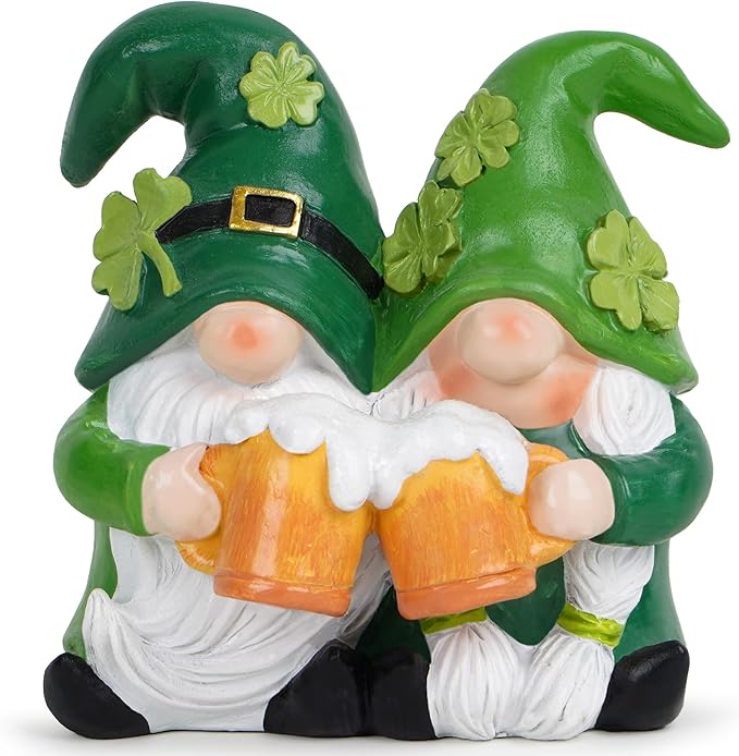 Hodao St. Patrick’s Day Couple Gnomes Figurines — Green Shamrock Gnomes with Beer, Resin Tabletop Decor for Mantel, Shelf & Bar | Lucky Holiday & Valentine’s Day Gift