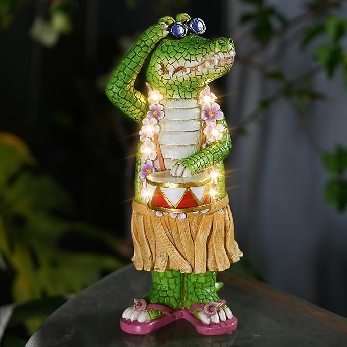 TOLIMI Hawaiian Alligator Garden Statue with LED Floral Garland - Fun Tropical Outdoor Decor, Resin Crocodile Figurine in Hula Skirt for Yard, Patio, or Home