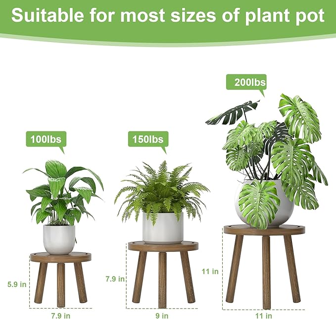 Vecxoty 3-Pack Wood Plant Stands Indoor, Single Plant Stand for 6-12 Inch Pots, Mid-Century Modern Plant Stool, Tall Plant Stand for Large Plants for Living Room, Balcony, Office (Dark Gray)