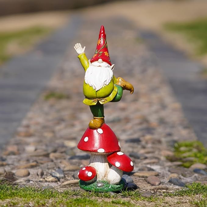 DUSVALLY Gnomes Statue and Garden Resin Statue Dwarf Standing on Mushroom, Outdoor Decoration for Patio Yard Lawn Porch, Spring Decor Housewarming 13" H