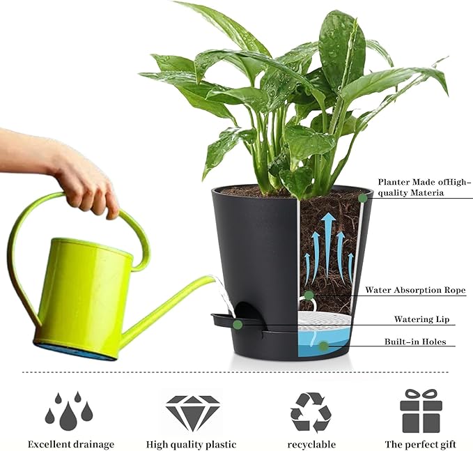 zople 5 Pack 5 inch Self-Watering Pots, African Violets Planter with Drainage Holes and Reservoir, Black Plastic Planter for Indoor Outdoor Plants Flowers and Houseplants Black, 5 inch 5 pcs