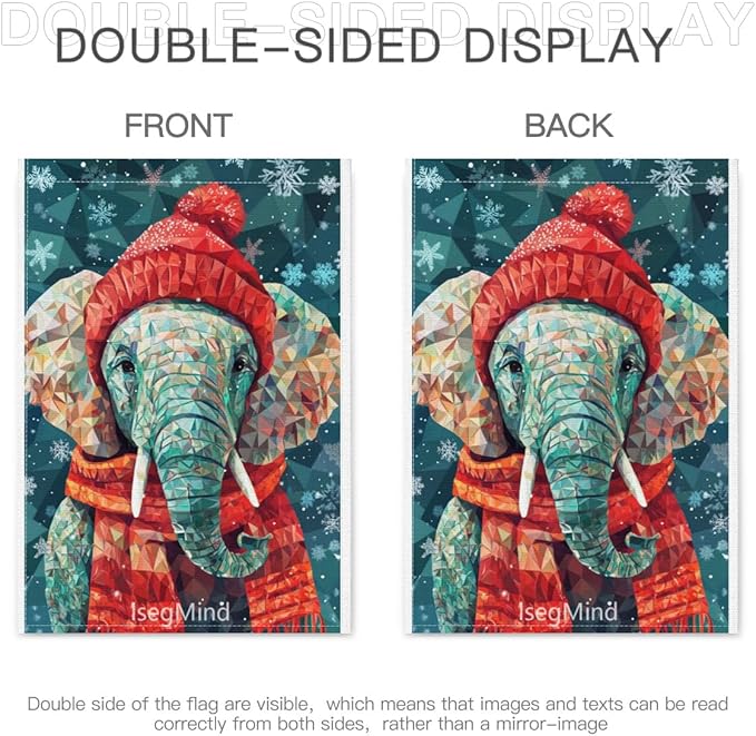 Elephant with Red Scarf and Hat Snowflake Christmas Garden Flag, 28x40 Inch Double Sided Linen Holiday Red Winter Farmhouse Yard Outdoor Decoration (4325)