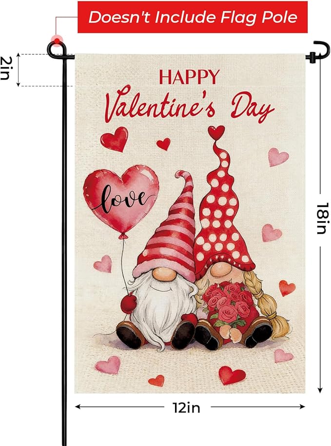 pretty_jessie Valentines Day Garden Flag 12x18 Inch Double Sided, Happy Valentine's Day Love Hearts Gnomes Burlap Yard Flag Anniversary Patio, Porch, Backyard Outdoor Decorations