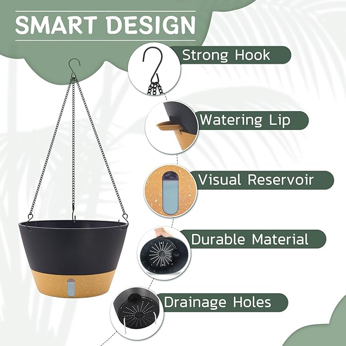 ZMTECH 12 Inch Hanging Planters for Indoor, 3 Pack Large Hanging Plant Pot with Visible Water Level and Chain, Self Watering Hanging Flower Pot for Outdoor Garden Porch(Dark Gray)