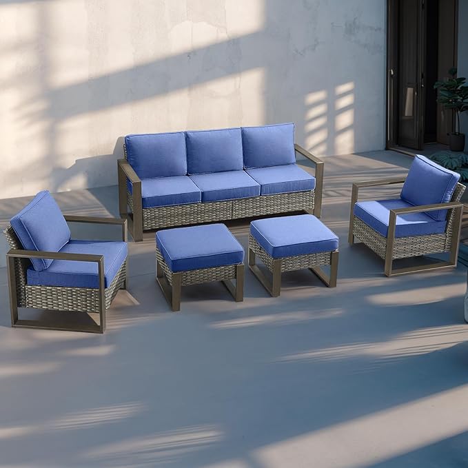 Rilyson Outdoor Wicker Patio Furniture Set - 5 Piece Patio Conversation Set with 2 Wicker Armrest Chairs,2 Rattan Ottoman and 1 Couch,Sturdy Frame,Thick Cushions,Deep Seating(Mixed Grey/Blue)