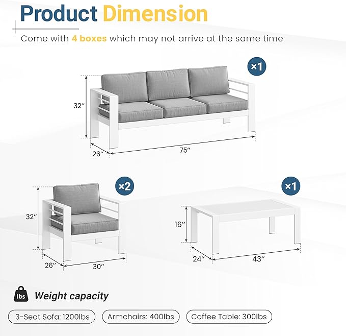 Wisteria Lane Aluminum Patio Furniture Set for All Weather, Oversized Metal Outdoor Furniture Set with 27.5" Deep Seat and 10" Back Cushion, Patio Conversation Sets with Wide armrest, White