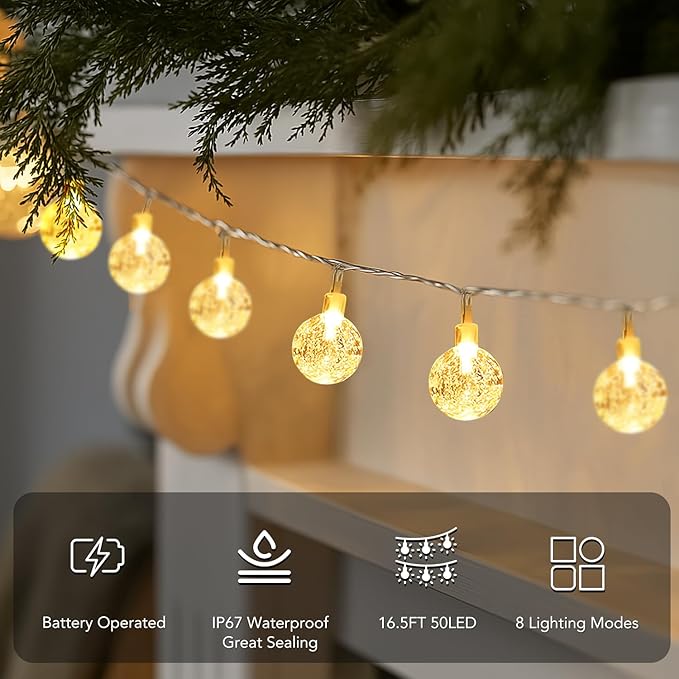 Metaku Globe String Lights Fairy Lights Battery Operated 16.4ft 50LED String Lights with Remote Waterproof Indoor Outdoor Hanging Lights Decorative Christmas Lights for Home Party Patio Garden Wedding