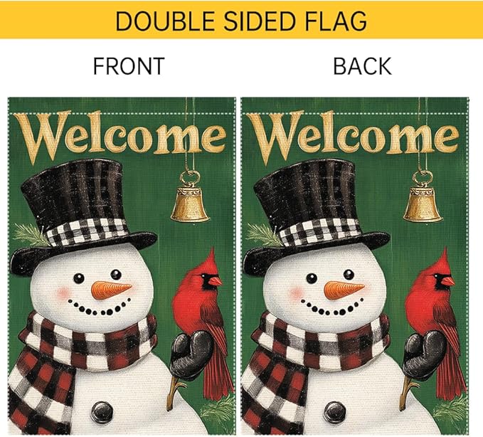 Welcome Snowman Garden Flag Double Sided 12x18 Inch Burlap Winter Outdoor Yard Decoration with Cardinal Bird and Bell Christmas Holiday Decor